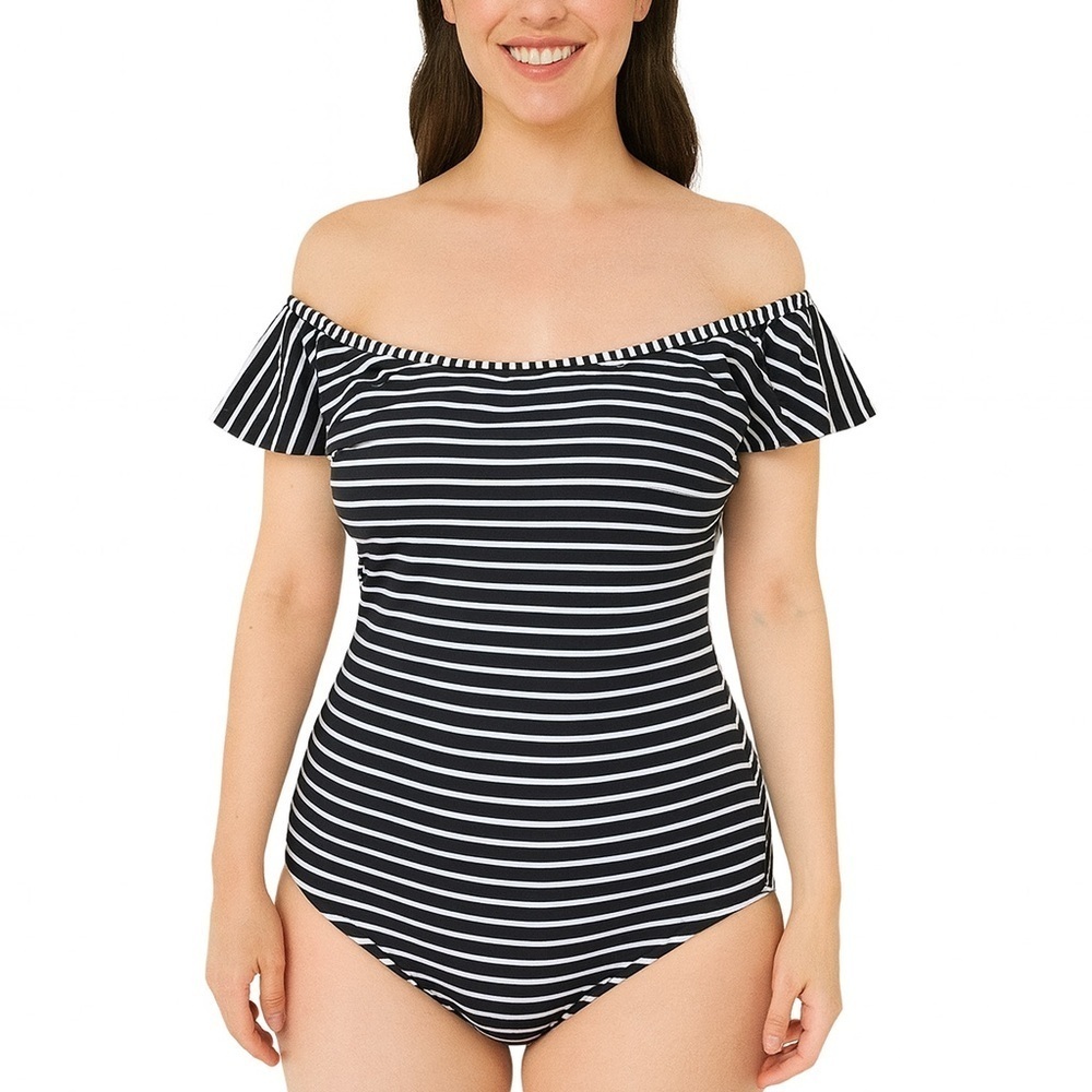 Vince Camuto Off-Shoulder Striped One Piece - Black and White - Picture 2 of 7